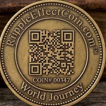 The other face of the coin: YourRippleCoinEffect.com around the rim, a QR code, the number COIN# 00347, and World Journey beneath